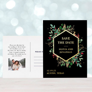 Gilded Greenery on Black Kerstmis: datum opslaan Folie Uitnodiging Briefkaart
