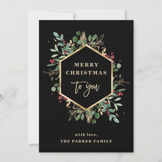 Gilded Greenery on Black | Vrolijk kerstfeest Feestdagenkaart (Voorkant)