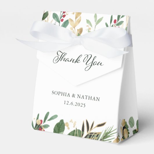 Gilded Greenery over White | Kerstbruiloft Bedankdoosjes (Voorkant Zijde)