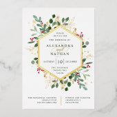 Gilded Greenery over White | Kerstbruiloft Folie Uitnodiging (Voorkant)