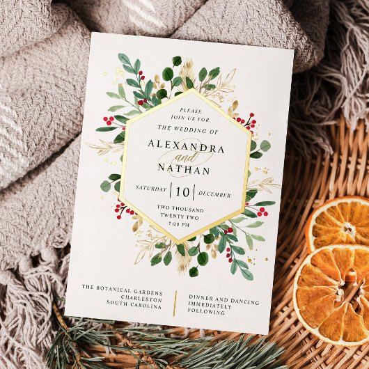 Gilded Greenery over White | Kerstbruiloft Folie Uitnodiging