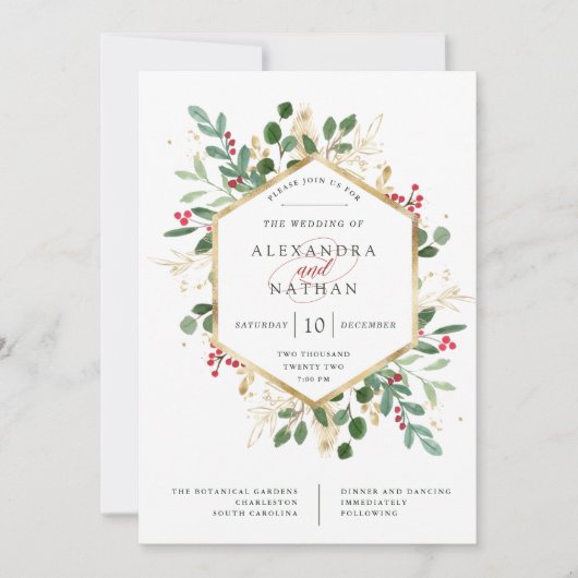 Gilded Greenery over White | Kerstbruiloft Kaart (Voorkant)