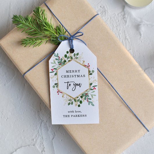 Gilded Greenery over White | Vrolijk kerstfeest Cadeaulabel