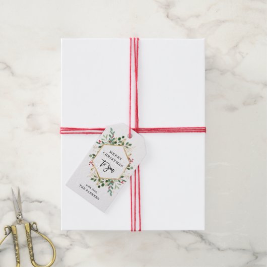 Gilded Greenery over White | Vrolijk kerstfeest Cadeaulabel (Met Touw)