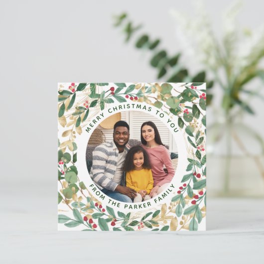 Gilded Greenery White | Kerst met weiden en foto's Feestdagenkaart (Staand voorkant)