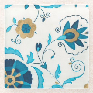 Gilded Indigo Flowers met witte achtergrond Glazen Onderzetter