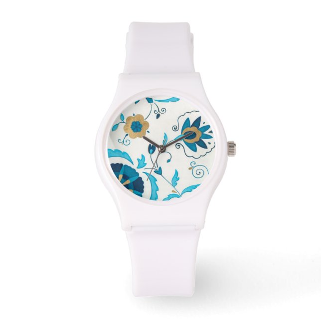 Gilded Indigo Flowers met witte achtergrond Horloge (Voorkant)