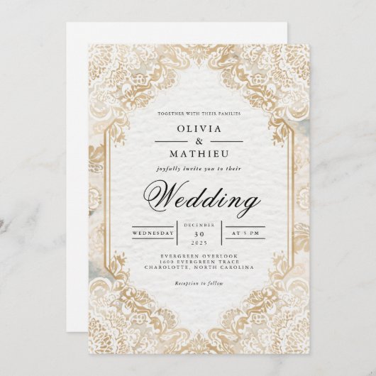 Gilded Lace Romance bloeien bruiloft Kaart (Voorkant / Achterkant)