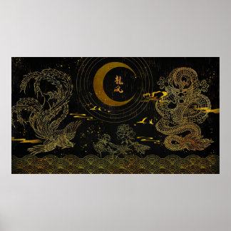 Gilded Line Drawing Chinese Phoenix en Dragon Poster