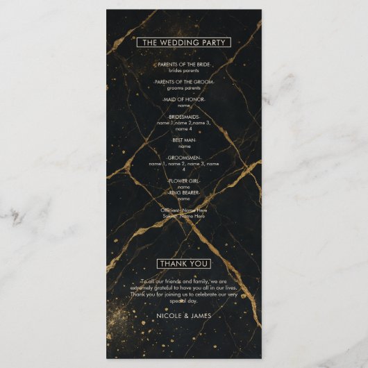 Gilded Midnight Marble Black & Gold Wedding Menu (Achterkant)