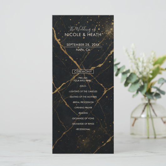 Gilded Midnight Marble Black & Gold Wedding Menu (Staand voorkant)