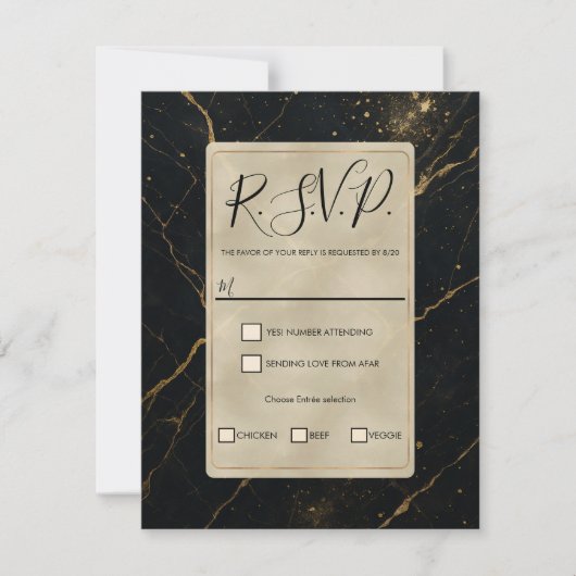 Gilded Midnight Marble Black & Gold Wedding RSVP Kaart (Voorkant)