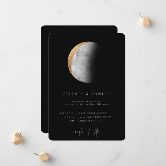 Gilded Moon Wedding Invitation Aankondiging (Voorkant / Achterkant in situ)