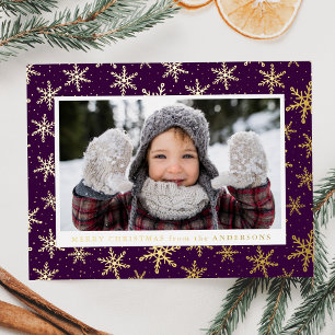 Gilded Snowflakes Foto Paars en Gold Folie Feestdagen Briefkaart