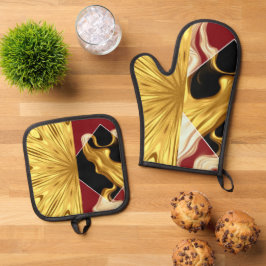 Gilded Zenith Opulent Swirl Crimson & Gold Luxury Ovenwant & Pannenlap Set