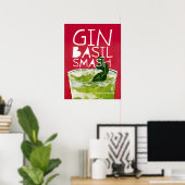 Gin Basil Smash: een Retro Cocktail Red Art Poster (Thuiskantoor)