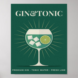 Gin en Tonic Retro Donkergroene Cocktaillogo Poster