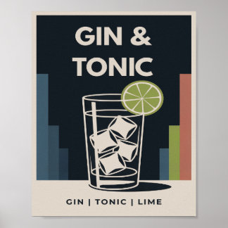 Gin en Tonic Vintage Art Deco Cocktail Grafiek Poster
