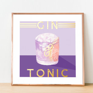 Gin & Tonic Retro Paarse Cocktail Waterverf Art Folie Afdrukken