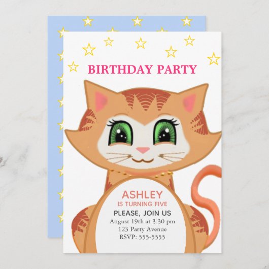 Ginger Cat 5 Anniversaire Fête Invitation (Devant / Derrière)