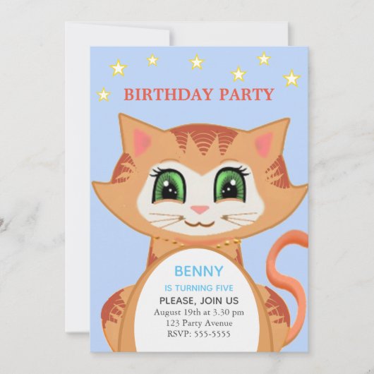 Ginger Cat 5th Boy Birthday Party Invitation (Devant)