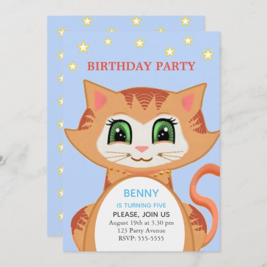 Ginger Cat 5th Boy Birthday Party Invitation (Devant / Derrière)