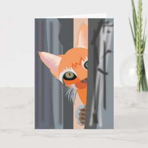 GINGER CAT ART PEEKING IN POUR DIRE BONJOUR CARTE