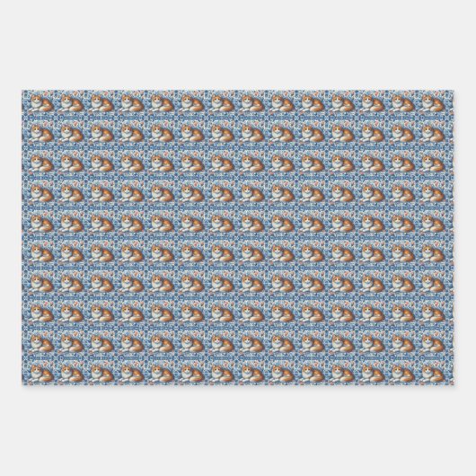 Ginger Cat Blauw Wit Bloemen Engels Delft Inpakpapier Vel (Voorkant 3)