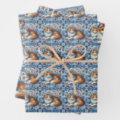 Ginger Cat Blauw Wit Bloemen Engels Delft Inpakpapier Vel (In situ)