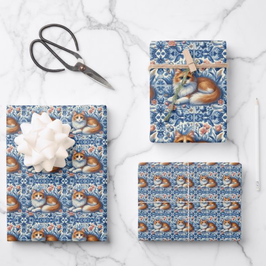 Ginger Cat Blauw Wit Bloemen Engels Delft Inpakpapier Vel (Voorkant)