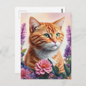 Ginger Cat Floral Multicolor Art Briefkaart (Voorkant / Achterkant)