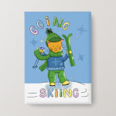 Ginger Cat Going Skiing Blue Rectangular Button (Voorkant)