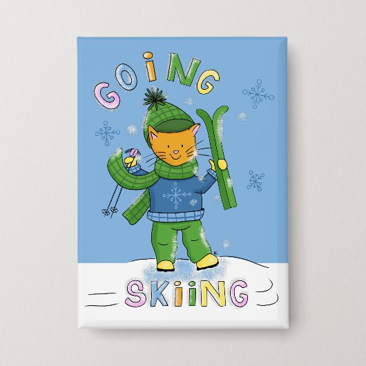 Ginger Cat Going Skiing Blue Rectangular Button (Voorkant)