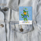 Ginger Cat Going Skiing Blue Rectangular Button (Insitu)