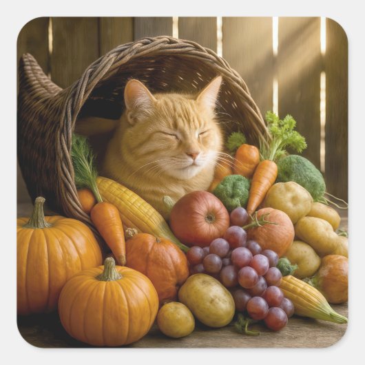 Ginger Cat In a Thanksgiving Cornucopia Vierkante Sticker (Voorkant)