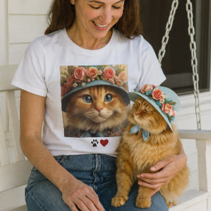 Ginger Cat in blauw Pet met bloemen Cat Lover T-shirt