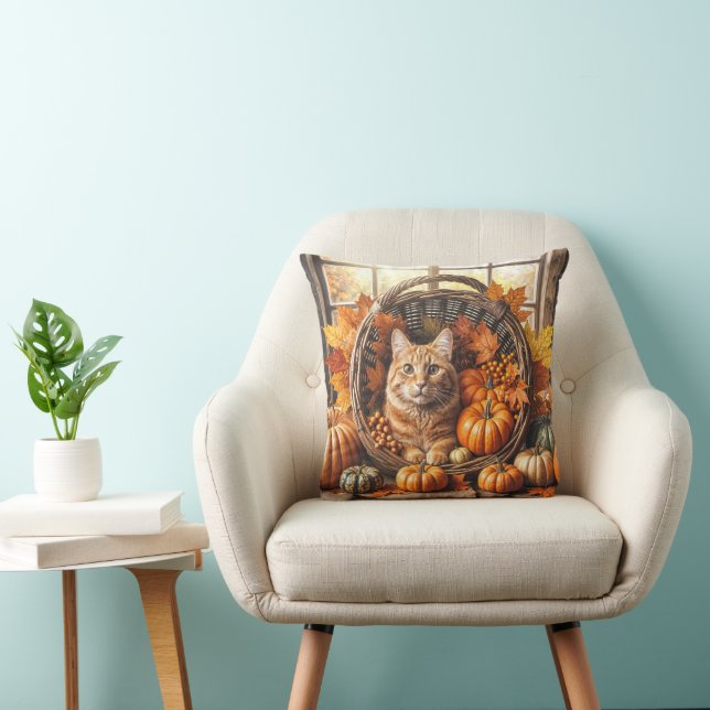 Ginger Cat in de Thanksgiving Cornucopia Kussen (Stoel)