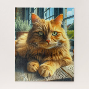 Ginger Cat Lounging op een tafel bij een raam Legpuzzel