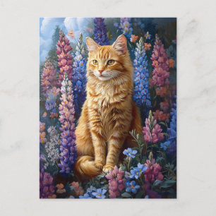 Ginger Cat Lupine Field Painting Briefkaart