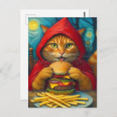 Ginger Cat met Cheeseburger en Friet Briefkaart (Voorkant / Achterkant)