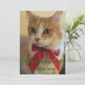 Ginger Cat met rood lint Kerstmis Feestdagenkaart (Staand voorkant)
