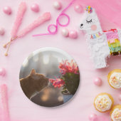 Ginger Cat Sniffing a Red Flower Papieren Bordje (Feest)