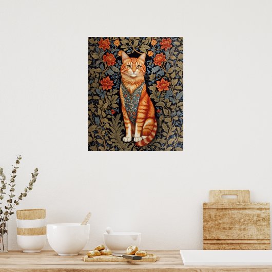 Ginger Cat William Morris geïnspireerd door bloeme Poster (Keuken)