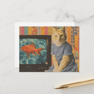 Ginger Cat With Goldfish on TV Retro Collage Briefkaart
