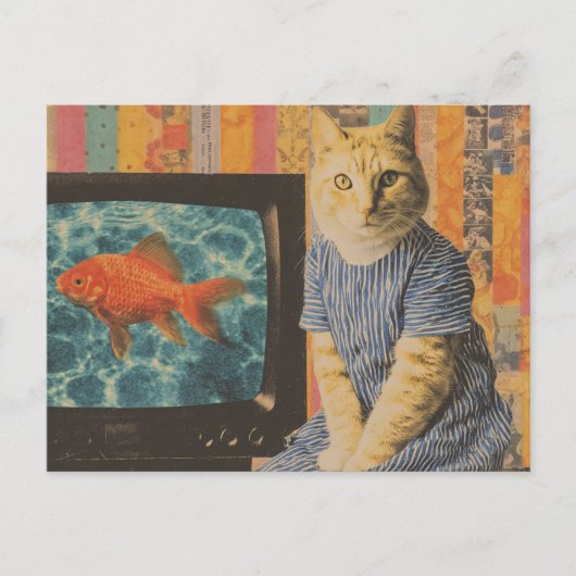 Ginger Cat With Goldfish on TV Retro Collage Briefkaart (Voorkant)