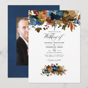 Ginger en Navy Bloemen Bruiloftsfoto Kaart