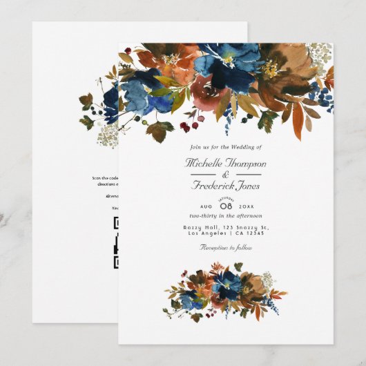 Ginger en Navy Bloemencode QR Code RSVP Huwelijk Kaart (Voorkant / Achterkant)