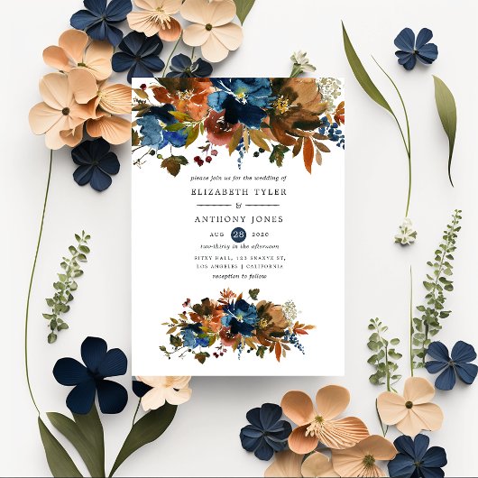 Ginger en Navy Floral Wedding Kaart