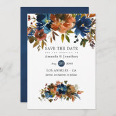 Ginger en Navy Floral Wedding Save The Date (Voorkant / Achterkant)