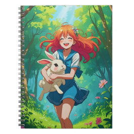Ginger-harige anime meisje met haar konijn notitieboek